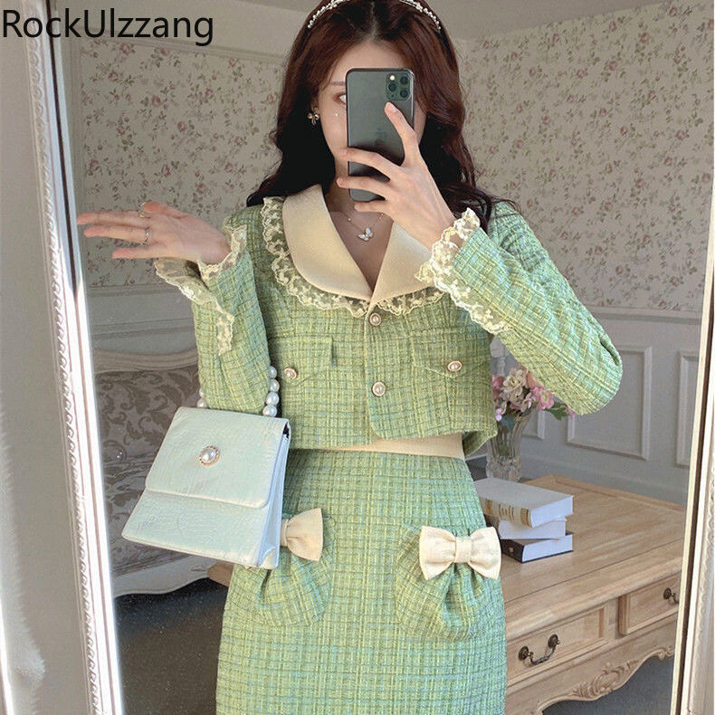 Σετ δύο τεμαχίων Frill Lace Pearls Button Up Jacket Tweed Outfit Coat Crop Top + Μίνι φούστα φιόγκο κοστούμι Γυναικείο φθινοπωρινό χαριτωμένα κορεάτικα ρούχα