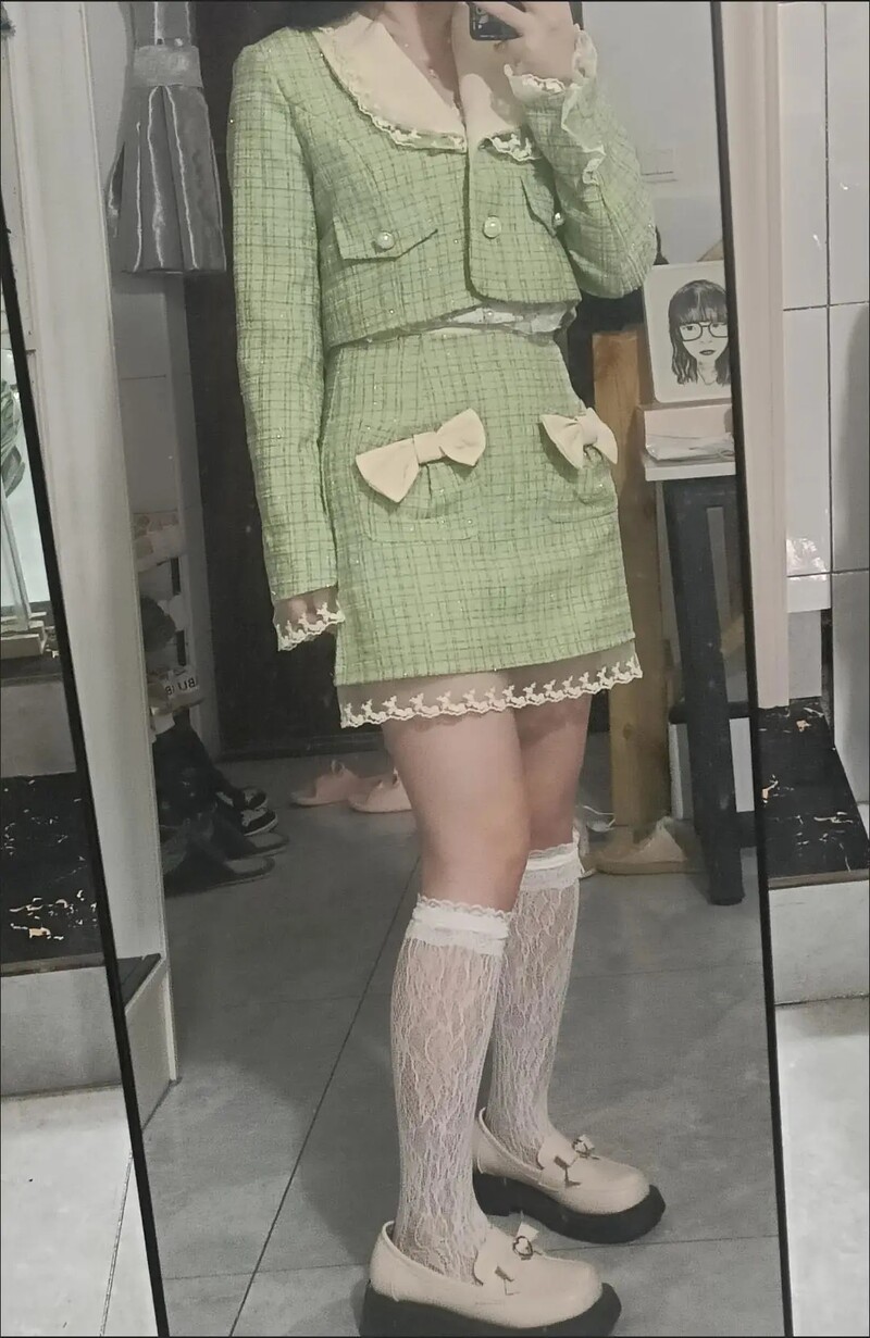 Σετ δύο τεμαχίων Frill Lace Pearls Button Up Jacket Tweed Outfit Coat Crop Top + Μίνι φούστα φιόγκο κοστούμι Γυναικείο φθινοπωρινό χαριτωμένα κορεάτικα ρούχα