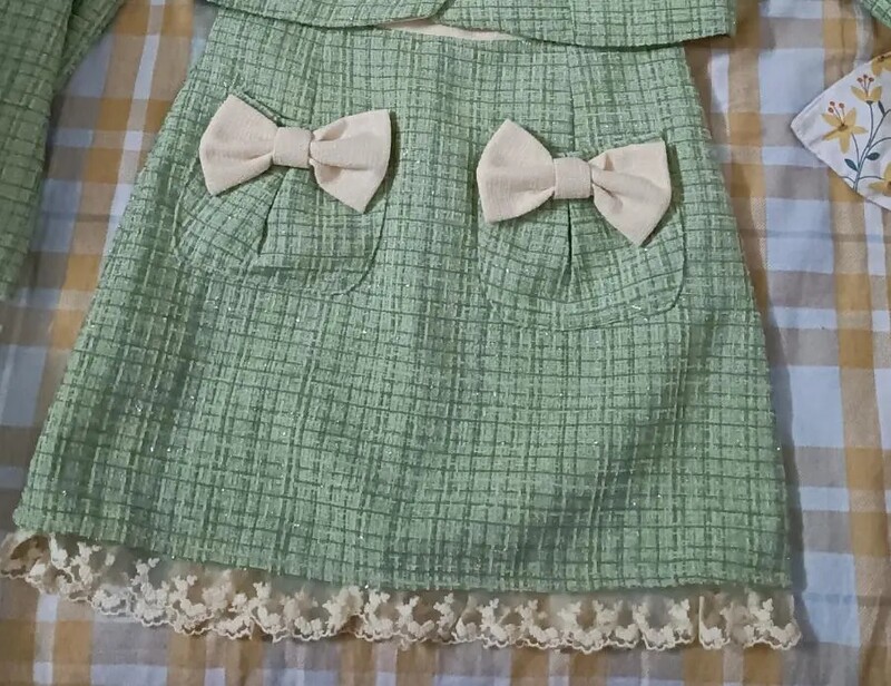 Σετ δύο τεμαχίων Frill Lace Pearls Button Up Jacket Tweed Outfit Coat Crop Top + Μίνι φούστα φιόγκο κοστούμι Γυναικείο φθινοπωρινό χαριτωμένα κορεάτικα ρούχα