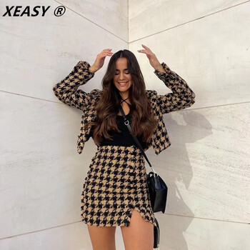 XEASY 2021 Tweed Комплект от две части Дамски жълт ретро V-образно деколте с дълъг ръкав Офис Дамско тънко сако Палто Женска пола с висока талия s