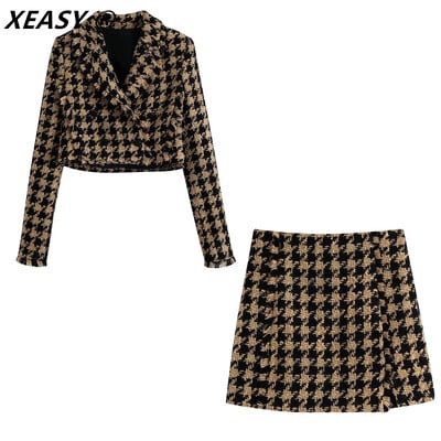 XEASY 2021 Set de două piese din Tweed pentru femei, galben, epocă, cu decolteu în V, cu mâneci lungi, pentru birou, pentru femei, blazer subțire, haină pentru femeie, fustă cu talie înaltă.