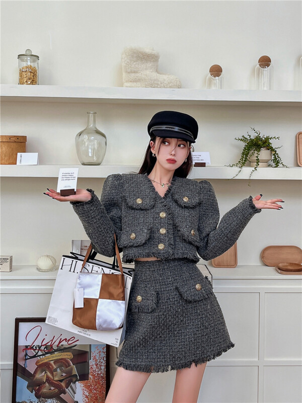 Κομψό γυναικείο κοστούμι Φούντα Σχέδιο Sense Tweed Κοντό Παλτό Γυναικείο φθινοπωρινό Κορεατικό Στιλ Μακρυμάνικο Top Mini Φούστα Σετ δύο τεμαχίων