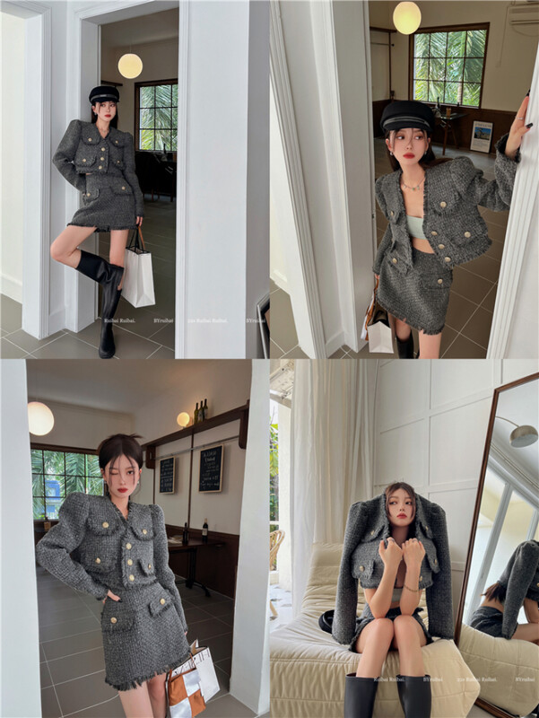 Κομψό γυναικείο κοστούμι Φούντα Σχέδιο Sense Tweed Κοντό Παλτό Γυναικείο φθινοπωρινό Κορεατικό Στιλ Μακρυμάνικο Top Mini Φούστα Σετ δύο τεμαχίων
