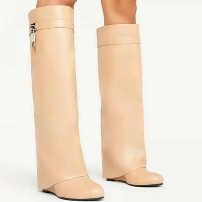 2024 Design Shark Lock Ženske čizme široke čizme na petu 10,5 do koljena Motociklističke prave kožne bijele crvene čizme Cipele