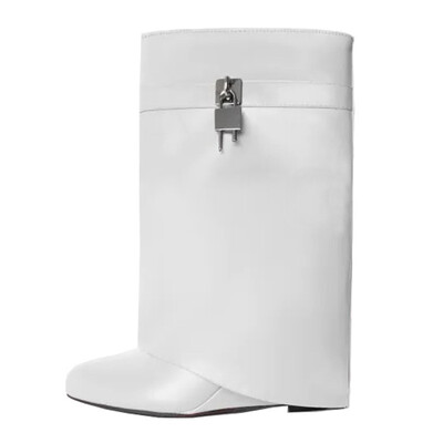 2024 Design Shark Lock Ženske čizme široke čizme na petu 10,5 do koljena Motociklističke prave kožne bijele crvene čizme Cipele