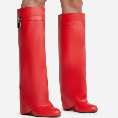 2024 Design Shark Lock Ženske čizme široke čizme na petu 10,5 do koljena Motociklističke prave kožne bijele crvene čizme Cipele