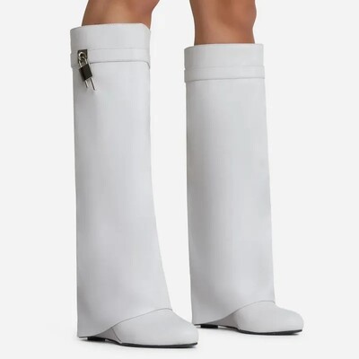 2024 Design Shark Lock Ženske čizme široke čizme na petu 10,5 do koljena Motociklističke prave kožne bijele crvene čizme Cipele