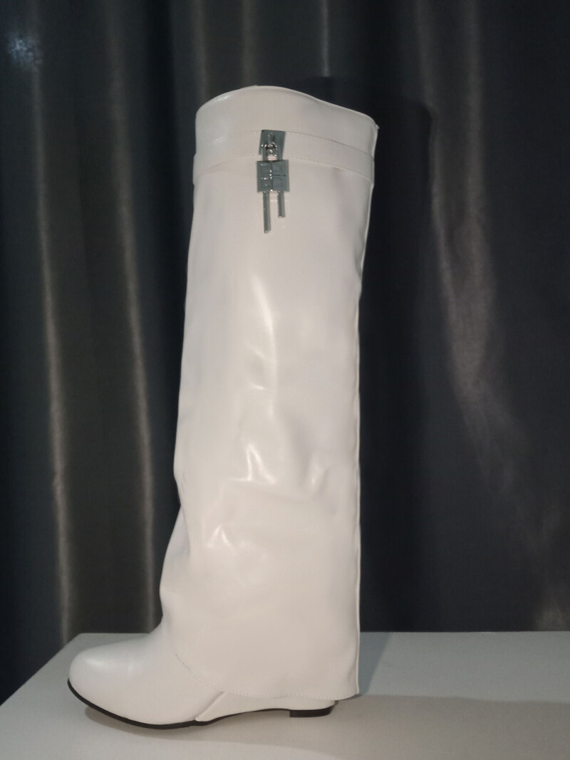 2024 Design Shark Lock Ženske čizme široke čizme na petu 10,5 do koljena Motociklističke prave kožne bijele crvene čizme Cipele