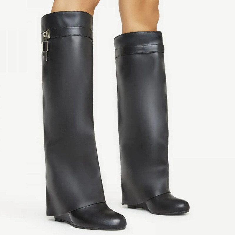 2024 Design Shark Lock Ženske čizme široke čizme na petu 10,5 do koljena Motociklističke prave kožne bijele crvene čizme Cipele