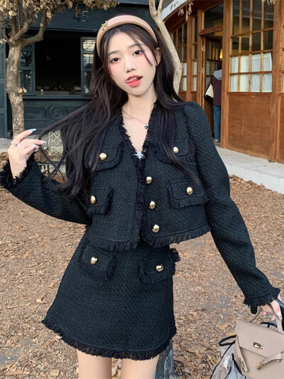 Ženski setovi od 2 komada, jesenski, elegantni, temperamentni, kratki kaput s resicama, polusuknja visokog struka, dvodijelni set, korejska modna odjeća