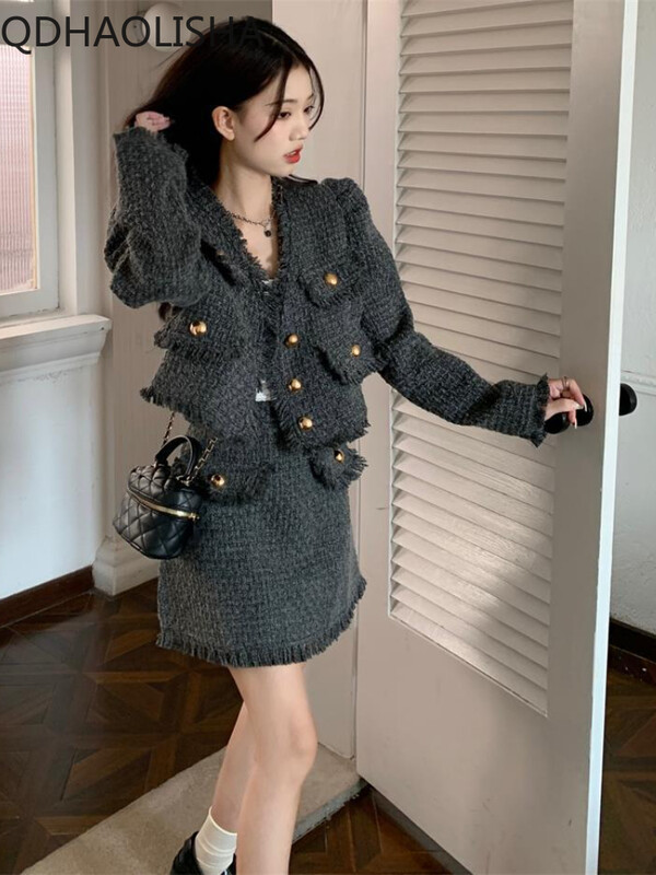 Ženski setovi od 2 komada, jesenski, elegantni, temperamentni, kratki kaput s resicama, polusuknja visokog struka, dvodijelni set, korejska modna odjeća