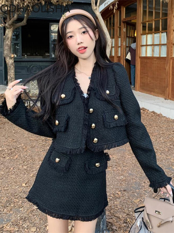 Ženski setovi od 2 komada, jesenski, elegantni, temperamentni, kratki kaput s resicama, polusuknja visokog struka, dvodijelni set, korejska modna odjeća