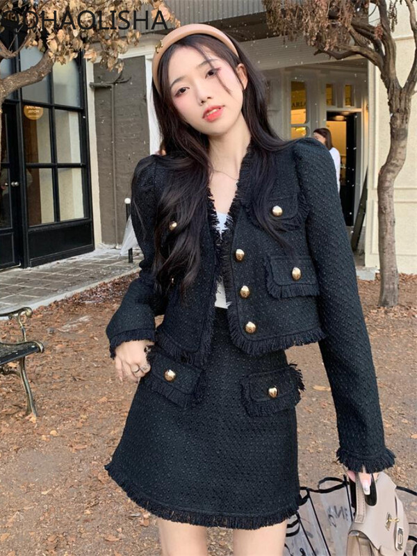 Ženski setovi od 2 komada, jesenski, elegantni, temperamentni, kratki kaput s resicama, polusuknja visokog struka, dvodijelni set, korejska modna odjeća