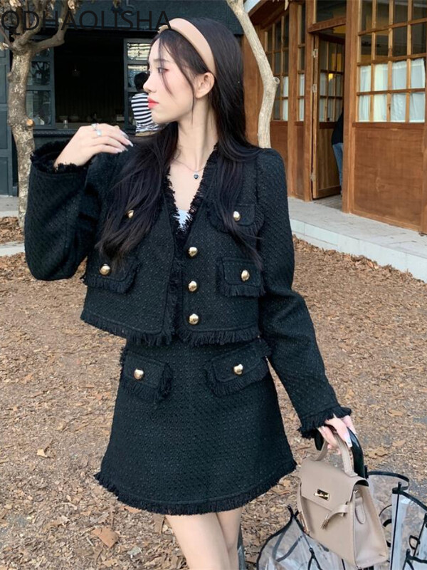 Ženski setovi od 2 komada, jesenski, elegantni, temperamentni, kratki kaput s resicama, polusuknja visokog struka, dvodijelni set, korejska modna odjeća