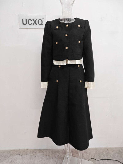 UCXQ Elegantni ženski kompleti od 2 komada od tvida s dugim rukavima i jaknom s volanima + modna suknja visokog struka 2024. Jesen Zima Novo 23A5116