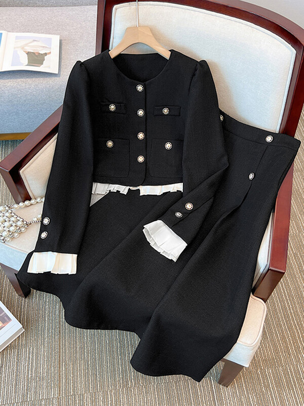 UCXQ Elegantni ženski kompleti od 2 komada od tvida s dugim rukavima i jaknom s volanima + modna suknja visokog struka 2024. Jesen Zima Novo 23A5116