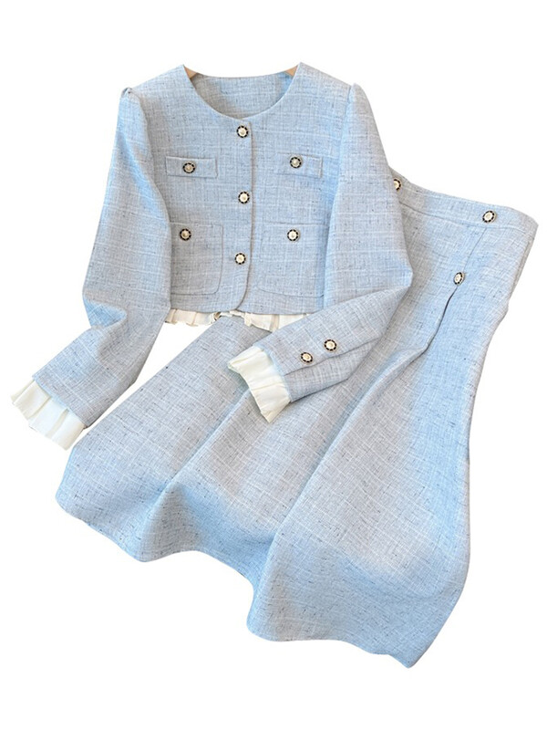 UCXQ Elegantni ženski kompleti od 2 komada od tvida s dugim rukavima i jaknom s volanima + modna suknja visokog struka 2024. Jesen Zima Novo 23A5116