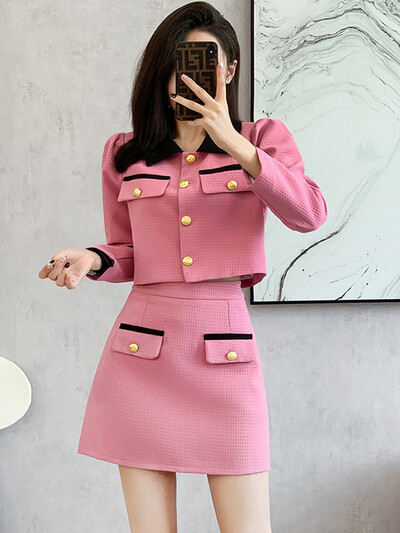 Mali miris za žene Elegantno modno odijelo od tvida Dugi rukavi Kratki sako Kaput + Mini suknja visokog struka Komplet od 2 komada Ženski