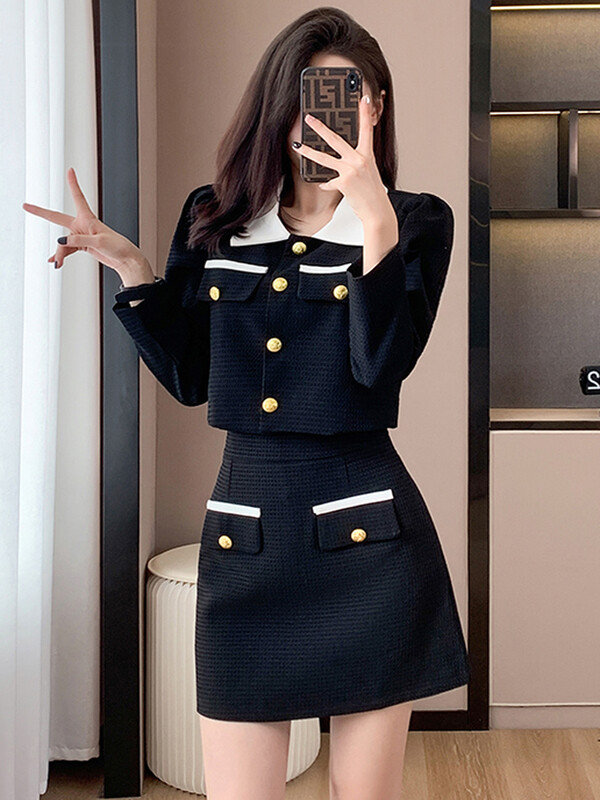 Mali miris za žene Elegantno modno odijelo od tvida Dugi rukavi Kratki sako Kaput + Mini suknja visokog struka Komplet od 2 komada Ženski
