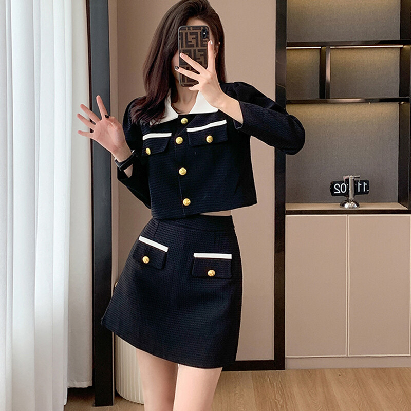 Mali miris za žene Elegantno modno odijelo od tvida Dugi rukavi Kratki sako Kaput + Mini suknja visokog struka Komplet od 2 komada Ženski