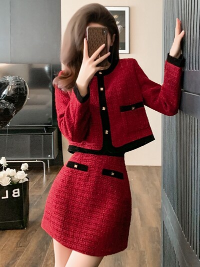 Jesen Zima Božić Crveni vuneni dvodijelni set Ženski jednokopčani kratki sako od tvida Kaput + pencil mini suknja odijelo