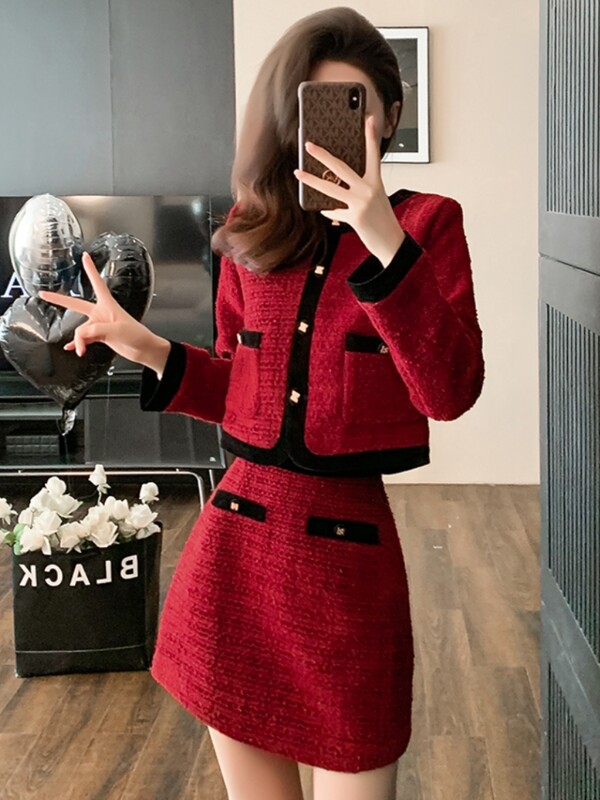 Jesen Zima Božić Crveni vuneni dvodijelni set Ženski jednokopčani kratki sako od tvida Kaput + pencil mini suknja odijelo