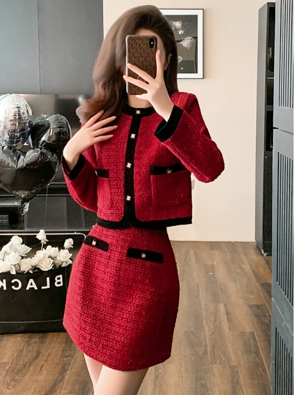 Jesen Zima Božić Crveni vuneni dvodijelni set Ženski jednokopčani kratki sako od tvida Kaput + pencil mini suknja odijelo