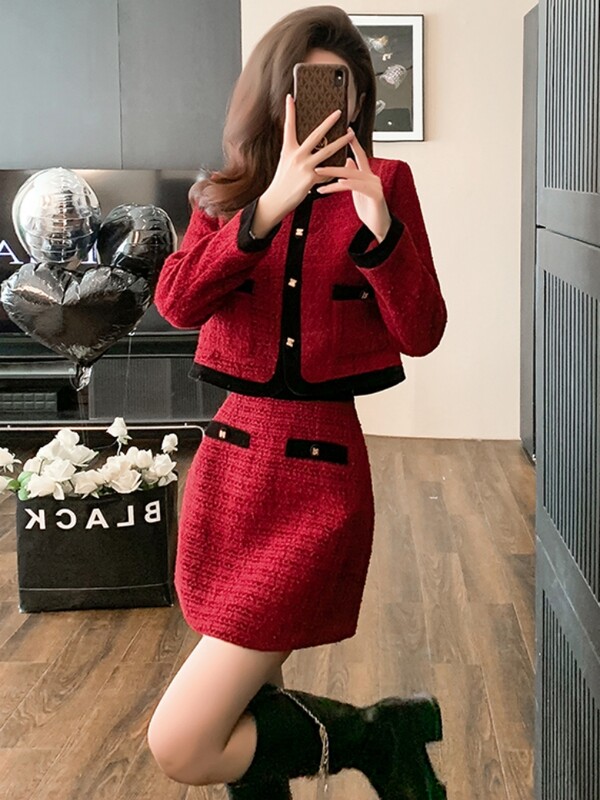 Jesen Zima Božić Crveni vuneni dvodijelni set Ženski jednokopčani kratki sako od tvida Kaput + pencil mini suknja odijelo