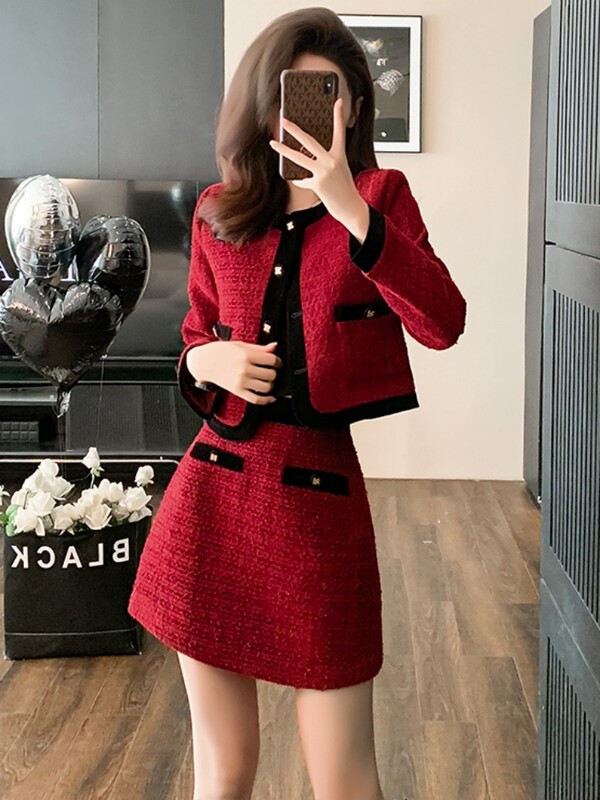 Jesen Zima Božić Crveni vuneni dvodijelni set Ženski jednokopčani kratki sako od tvida Kaput + pencil mini suknja odijelo