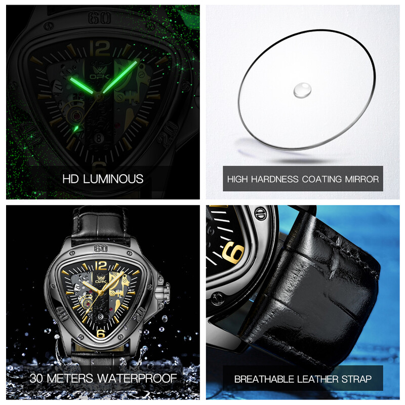 OPK Trend Modni muški satovi Trokutasti brojčanik Originalni kvarcni ručni sat Vodootporni kožni remen Svjetleći muški sat s datumom