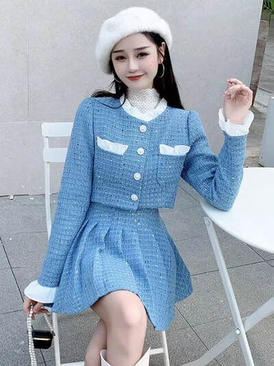 Visokokvalitetni dvodijelni set od tvida luksuzne marke malih mirisa Ženska vunena jakna Kompleti kaputa + suknje Zimska korejska dvodijelna odijela