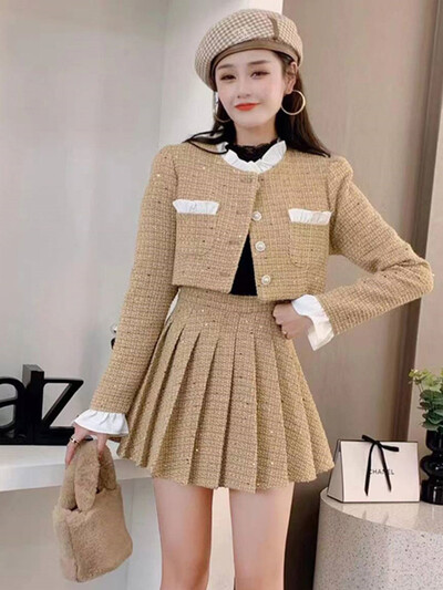 Visokokvalitetni dvodijelni set od tvida luksuzne marke malih mirisa Ženska vunena jakna Kompleti kaputa + suknje Zimska korejska dvodijelna odijela