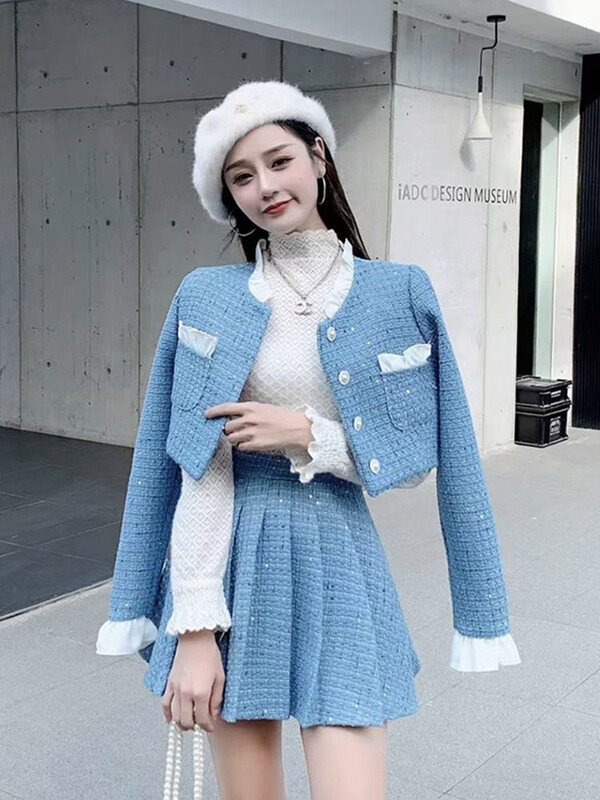 Visokokvalitetni dvodijelni set od tvida luksuzne marke malih mirisa Ženska vunena jakna Kompleti kaputa + suknje Zimska korejska dvodijelna odijela