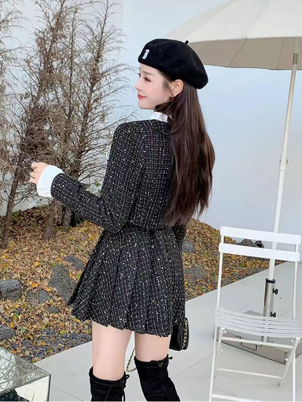 Visokokvalitetni dvodijelni set od tvida luksuzne marke malih mirisa Ženska vunena jakna Kompleti kaputa + suknje Zimska korejska dvodijelna odijela