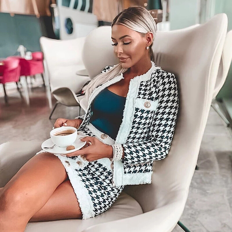 Jesen 2024. Ženski dvodijelni kompleti seksi kaputa od tvida s dugim rukavima i okruglim izrezom + kratka pencil suknja odijela za zabave