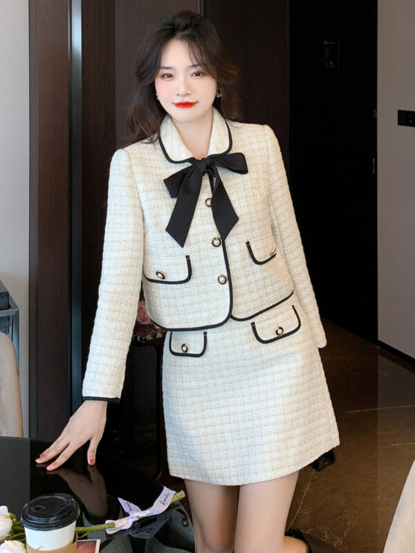 Visokokvalitetni modni dizajn Mali mirisni kompleti od tvida od 2 komada Ženska odjeća Kratka jakna Kaput + suknja Odijela Francuski dvodijelni set