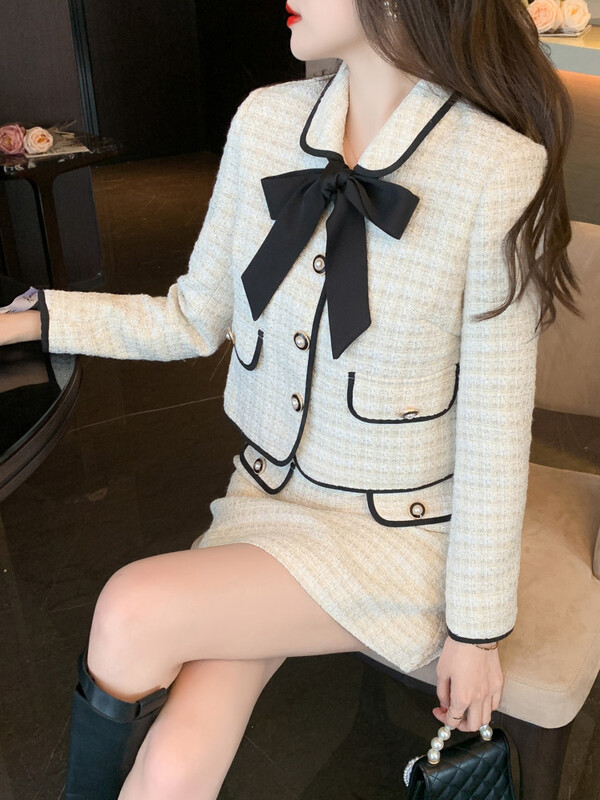 Visokokvalitetni modni dizajn Mali mirisni kompleti od tvida od 2 komada Ženska odjeća Kratka jakna Kaput + suknja Odijela Francuski dvodijelni set