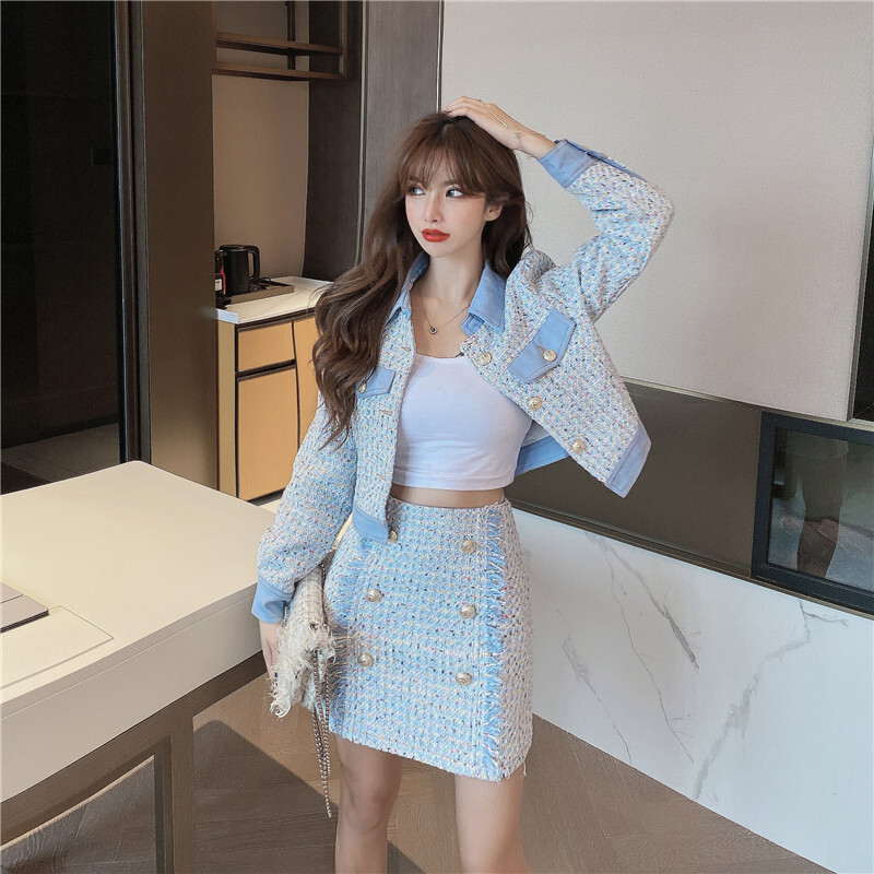 Kvaliteetne sinine tviid-jakk-mantli seelik, 2-osaline komplekt, naiste sügis, uus teksariidest lapiline kärbitud topid + kaherealised miniseelikud