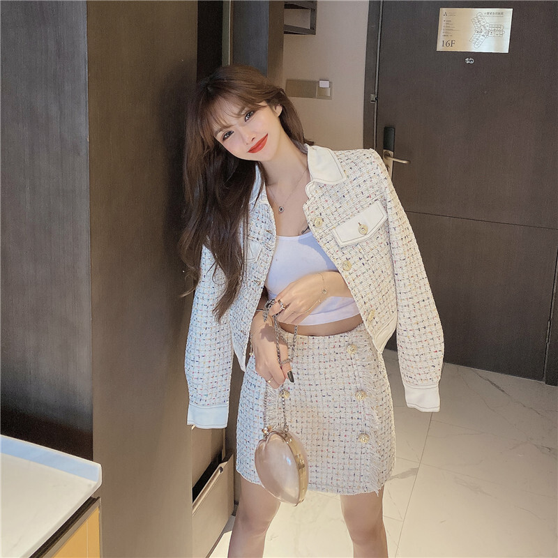 Kvaliteetne sinine tviid-jakk-mantli seelik, 2-osaline komplekt, naiste sügis, uus teksariidest lapiline kärbitud topid + kaherealised miniseelikud