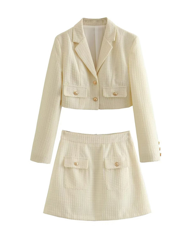 Ženski elegantni bijeli dvodijelni set od tvida Jesenska moda 2023. Ženske elegantne suknje Kompleti ulične odjeće Djevojke Slatka uska odijela Chic