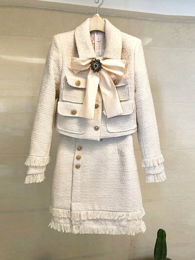 Nou 2024, toamna de înaltă calitate, tweed, set 2 piese, jachetă cu fundă de iarnă, haină + mini ciucuri elegantă, costum de fustă în amestec de lână.