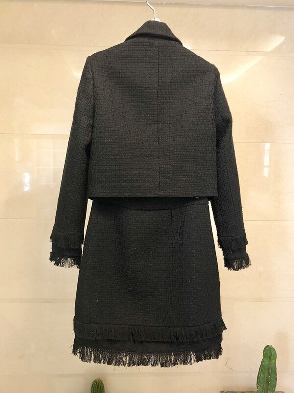 Novi visokokvalitetni dvodijelni komplet od tvida za jesen 2024. Ženska zimska jakna s mašnom Kaput + elegantna mini odijela s resicama od mješavine vune