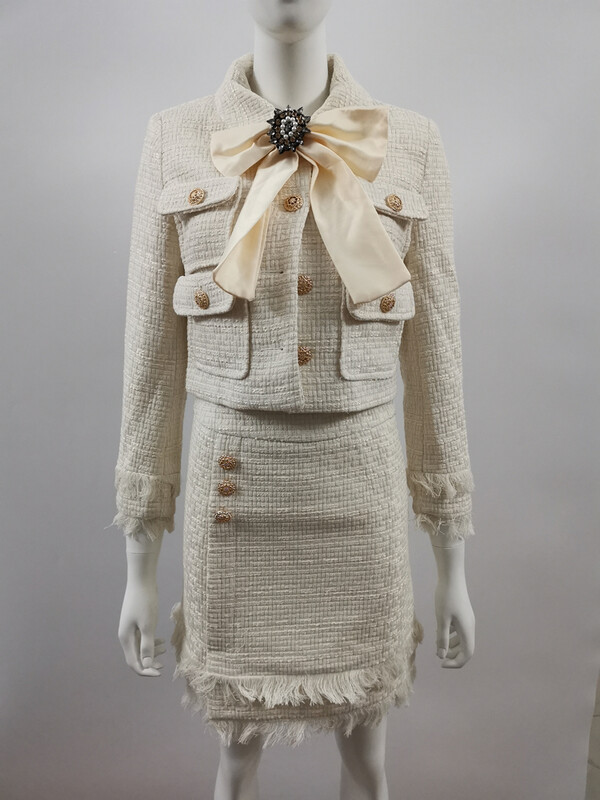 Novi visokokvalitetni dvodijelni komplet od tvida za jesen 2024. Ženska zimska jakna s mašnom Kaput + elegantna mini odijela s resicama od mješavine vune