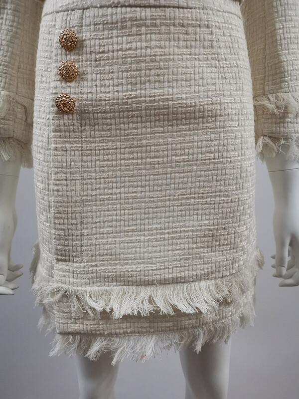 Novi visokokvalitetni dvodijelni komplet od tvida za jesen 2024. Ženska zimska jakna s mašnom Kaput + elegantna mini odijela s resicama od mješavine vune