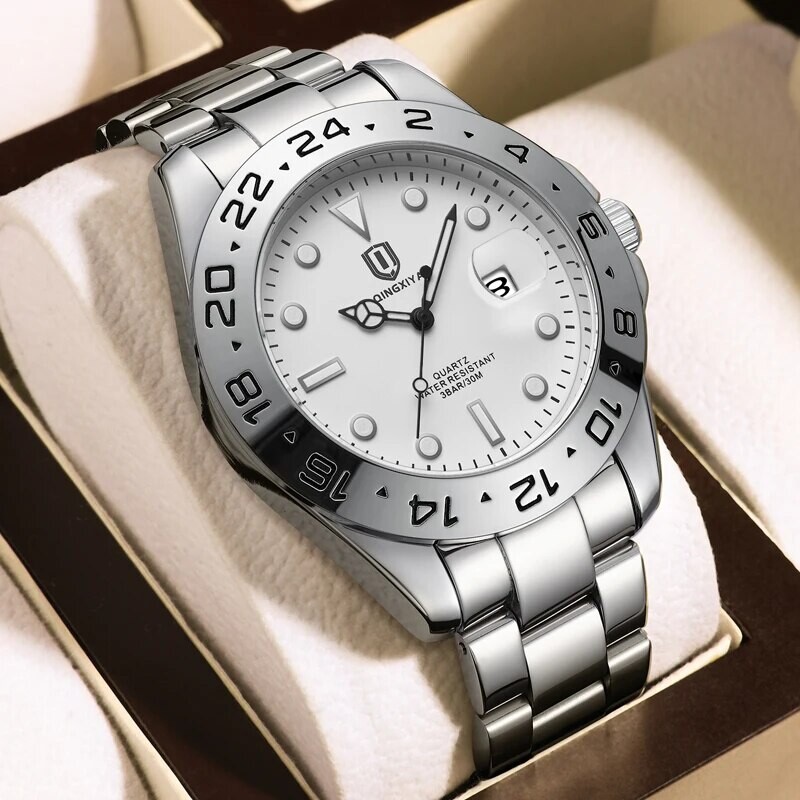 QINGXIYA brändi luksuslik meeste kvartskell Roostevabast terasest rihm veekindel helendav kalender meeste käekellad Relogio Masculino