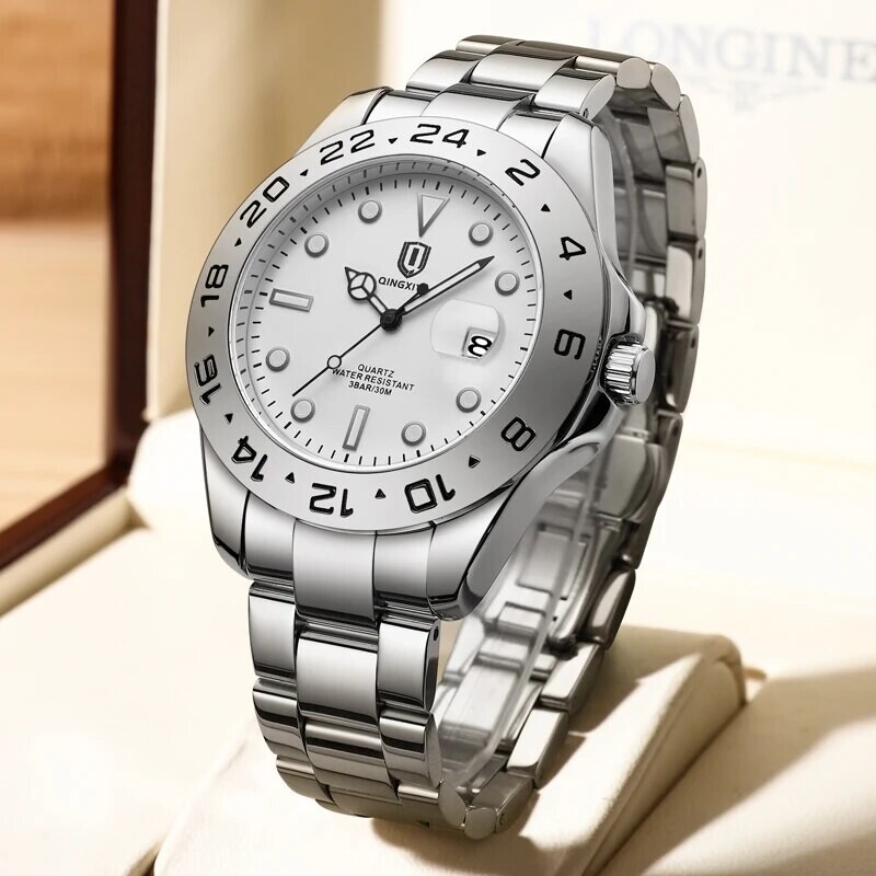 QINGXIYA brändi luksuslik meeste kvartskell Roostevabast terasest rihm veekindel helendav kalender meeste käekellad Relogio Masculino