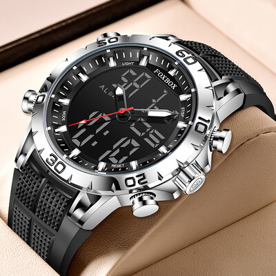 FOXBOX Muški satovi Vrhunska marka Luksuzni sportski kvarcni sat s dva zaslona Muški vojni vodootporni sat Digitalni elektronički sat + kutija