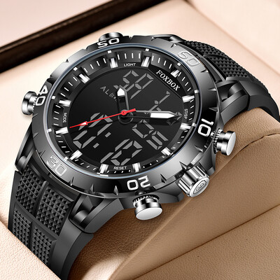 FOXBOX Muški satovi Vrhunska marka Luksuzni sportski kvarcni sat s dva zaslona Muški vojni vodootporni sat Digitalni elektronički sat + kutija