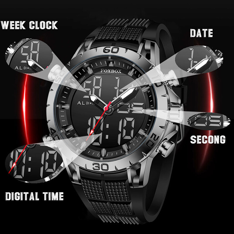 FOXBOX Muški satovi Vrhunska marka Luksuzni sportski kvarcni sat s dva zaslona Muški vojni vodootporni sat Digitalni elektronički sat + kutija