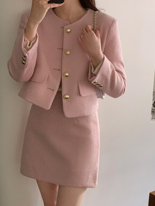 Jesen Zima Elegantni modni mali dvodijelni set od tvida s mirisom za žene Jakna Kaput + suknja Odijela Korejska OL 2-dijelna odjeća